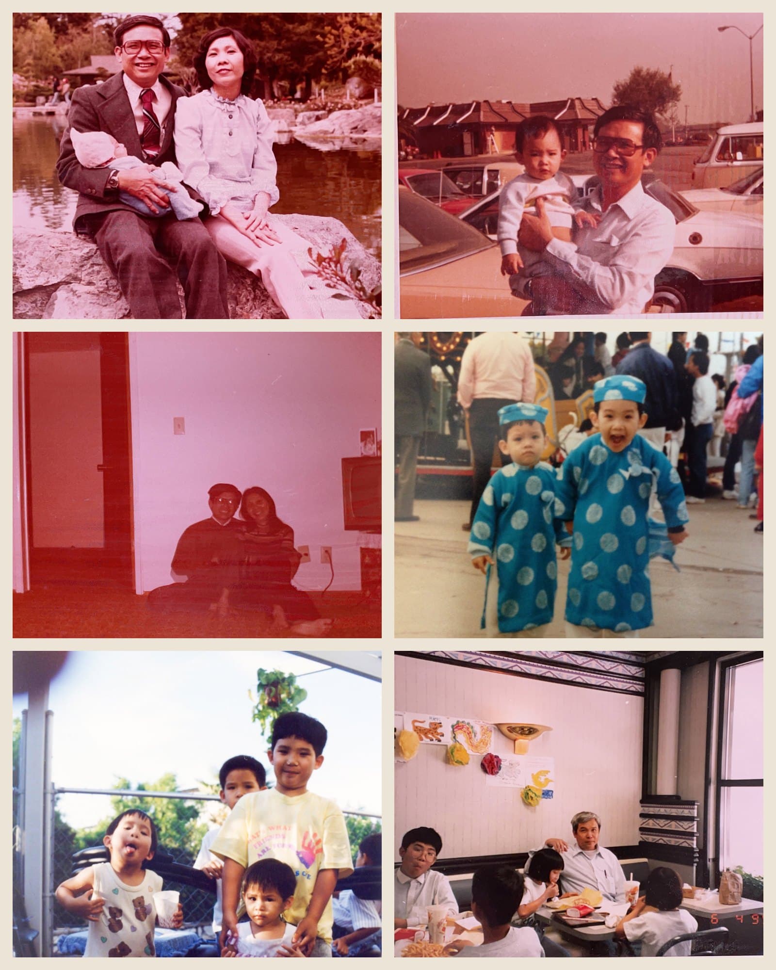 A collage of six of my family photographs from the 1980s and 1990s: my parents with me as a baby, my dad holding me, my brother and me in blue áo dài, kids on a backyard deck, and a family lunch in 1995